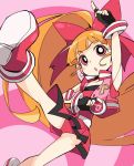  akazutsumi_momoko belt bow commentary fingerless_gloves gloves hyper_blossom ixy long_hair open_mouth orange_hair panties pleated_skirt ponytail powerpuff_girls_z red_eyes skirt sleeveless solo underwear very_long_hair vest yo-yo 