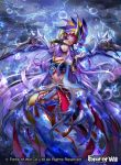  blue_eyes bracelet breasts cleavage copyright_name electricity facial_mark flower force_of_will hair_flower hair_ornament japanese_clothes jewelry long_hair midriff misa_tsutsui navel official_art purple_hair solo wings 