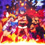  2girls absurdres antenna_hair bat_wings belt black_gloves blonde_hair blue_eyes blue_hair blue_hairband crossed_arms crossed_legs demon_tail demon_wings disgaea earrings elbow_gloves etna fire flat_chest flonne frown gloves gunbuster_pose hairband highres jewelry laharl long_hair makai_senki_disgaea mansion midriff mini_wings miniskirt multiple_girls navel open_mouth pointy_ears red_eyes red_hair red_scarf robert_porter scarf serious shirtless shorts sitting skirt skull_earrings smile tail tan thighhighs twintails wings wrist_cuffs 