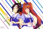  2girls absurdres animal_ears artist_name blue_neckwear blue_scrunchie blue_shirt blush bow bowtie breasts brown_hair clenched_hand daiwa_scarlet diagonal-striped_background diagonal_stripes eyebrows_visible_through_hair fang hair_ornament hair_over_one_eye hair_scrunchie hand_on_hip highres horse_ears horse_girl kato_chie large_breasts light_brown_eyes long_hair looking_at_viewer magazine_request magazine_scan medium_breasts multicolored_hair multicolored_shirt multiple_girls nakano_naomi official_art orange_hair pleated_skirt puffy_short_sleeves puffy_sleeves purple_sleeves red_eyes red_scrunchie sailor_collar scan school_uniform scrunchie shirt short_hair short_sleeves skirt smirk striped striped_background tiara twintails two-tone_hair umamusume vodka_(umamusume) watermark white_hair white_sailor_collar white_shirt white_skirt yoshii_midori 