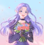  :d blue_eyes blush bouquet braid caster choker commentary fate/stay_night fate_(series) flower gloves highres long_hair open_mouth petals pointy_ears purple_hair side_braid smile solo ubi_(ekdus6080) 