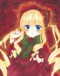  bangs blonde_hair blue_eyes blush bonnet bow bowtie closed_mouth doll_joints drill_hair eyebrows_visible_through_hair fingernails flower green_neckwear hand_up highres lolita_fashion long_hair long_sleeves looking_at_viewer mimi_(mini1474) red_flower red_rose ringlets rose rozen_maiden shinku smile solo thorns twin_drills 