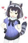  animal_ears black_hair black_skirt blouse blue_blouse bow bowtie brown_eyes commentary_request common_raccoon_(kemono_friends) cowboy_shot eyebrows_visible_through_hair fang fur_collar gedou_(ge_ge_gedou) gloves hand_on_hip head_tilt heart kemono_friends looking_at_viewer miniskirt multicolored_hair open_mouth pantyhose pleated_skirt puffy_short_sleeves puffy_sleeves raccoon raccoon_ears raccoon_tail short_hair short_sleeves skirt smile smug solo standing striped_tail tail white_background white_legwear 