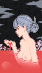  akairiot bangs bathing blood blunt_bangs breasts cleavage cloud ear from_side hair_bun highres looking_at_hand medium_breasts nipples nude original partially_submerged red_eyes silhouette silver_hair skull skull_pile smile solo 