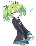  ahoge bell blush commentary gj-bu green_eyes green_hair hair_bell hair_ornament ixy jacket jingle_bell kannazuki_tamaki long_sleeves looking_at_viewer pleated_skirt ribbon school_uniform short_hair skirt solo twintails 