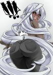  1girl ass black_sclera blush cowboy_shot dark_skin doppel_(monster_musume) embarrassed from_behind huge_ass looking_at_viewer looking_back monster_girl monster_musume_no_iru_nichijou open_mouth pants prehensile_hair simple_background sweatdrop teeth tongue topless virusotaku white_background white_hair yellow_eyes zipper 