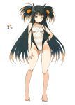  barefoot black_hair blush breasts brown_eyes closed_mouth color_guide commentary_request contrapposto covered_navel full_body gradient_hair hand_on_hip highleg highleg_swimsuit long_hair looking_at_viewer monster_hunter multicolored_hair oota_yuuichi personification plesioth simple_background small_breasts solo standing swimsuit two_side_up very_long_hair white_background 
