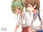  :3 blush breasts brown_eyes brown_hair full-face_blush green_eyes green_hair hair_ribbon hakama japanese_clothes kaga_(kantai_collection) kantai_collection large_breasts multiple_girls open_mouth pleated_skirt raayu_(0u_rayu) ribbon side_ponytail signature skirt small_breasts twintails twitter_username zuikaku_(kantai_collection) 