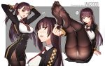  1girl anger_vein arms_behind_head artist_name ass bangs barefoot black_legwear blazer blush breasts brown_hair character_name closed_mouth commentary_request eyebrows_visible_through_hair feet framed_breasts girls_frontline gloves gusset hair_ribbon half_updo hand_on_own_chest head_tilt jacket large_breasts legs_up long_hair looking_at_viewer multiple_views necktie one_side_up open_mouth panties panties_under_pantyhose pantyhose pantyhose_tug pantyshot parted_lips pelvic_curtain purple_hair red_eyes red_neckwear red_ribbon ribbon shirt sidelocks sigma_2018 simple_background sitting skirt sweatdrop thighband_pantyhose toes underwear very_long_hair wa2000_(girls_frontline) white_panties 