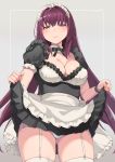  alternate_costume apron bangs black_dress blush breasts cleavage commentary_request detached_collar dress enmaided fate/grand_order fate_(series) frills garter_straps grey_background hair_between_eyes hair_intakes highres hips large_breasts long_hair looking_at_viewer maid maid_apron maid_headdress neck_ribbon nuko_(mikupantu) panties puffy_short_sleeves puffy_sleeves purple_hair red_eyes ribbon scathach_(fate)_(all) scathach_(fate/grand_order) short_sleeves simple_background skirt skirt_lift smile solo thighhighs thighs underwear waist_apron white_legwear white_panties wrist_cuffs 