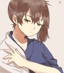  blue_kimono breasts brown_eyes brown_hair closed_mouth collarbone commentary_request hair_between_eyes half-closed_eyes ina_(1813576) japanese_clothes kaga_(kantai_collection) kantai_collection kimono long_hair side_ponytail signature simple_background solo sweat upper_body white_kimono 
