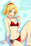  :d bikini bikini_pull blonde_hair breasts character_name cleavage commentary_request fate/grand_order fate_(series) front-tie_bikini front-tie_top green_eyes hair_ornament hair_scrunchie haruka_(yakitoritabetai) head_tilt highres mordred_(fate)_(all) mordred_(swimsuit_rider)_(fate) navel open_mouth red_bikini red_scrunchie scrunchie short_hair short_ponytail side-tie_bikini sitting small_breasts smile solo spiked_hair swimsuit 