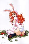  animal_ears ass between_buttocks blush_stickers boots bunny_ears bunny_tail bunnysuit carrot elbow_gloves food full_body gloves holding holding_food hood long_hair looking_at_viewer mouth_hold original pink_legwear red_hair short_sleeves simple_background sitting solo tail thigh_boots thighhighs umetsu_yukinori wariza white_background 