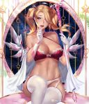  adapted_costume bra breasts cleavage commentary garter_straps gloves gtunver hair_over_one_eye hair_ribbon lace lace-trimmed_bra lace-trimmed_panties looking_at_viewer mechanical_wings mercy_(overwatch) open_mouth overwatch panties pink_mercy red_bra ribbon sitting smile staff thighhighs twintails underwear watermark web_address white_gloves white_legwear white_panties wings 