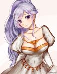  :o artist_name blush breasts chocojax choker cleavage collarbone dress earrings fire_emblem fire_emblem:_seisen_no_keifu fire_emblem_heroes head_tilt ishtar_(fire_emblem) jewelry large_breasts lavender_hair long_hair looking_at_viewer ponytail purple_eyes solo tears wedding_dress white_dress 