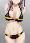  1girl absurdres alternate_breast_size arms_behind_back bare_shoulders bikini breasts brown_hair chinese_commentary closed_mouth collarbone commentary_request girls_frontline head_out_of_frame head_tilt highres long_hair medium_breasts navel one_side_up shiny shiny_skin simple_background smile stomach swimsuit thighs ump45_(girls_frontline) 