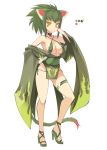  animal_ears bare_shoulders bikini blush choker color_guide criss-cross_halter full_body green_bikini green_footwear green_hair green_nargacuga halterneck hand_up high_heels japanese_clothes kimono long_sleeves monster_hunter off_shoulder oota_yuuichi orange_eyes pelvic_curtain personification ponytail simple_background solo standing swimsuit tail white_background wide_sleeves 