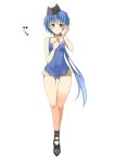  black_footwear blue_hair blue_swimsuit bracelet color_guide full_body great_baggi hand_up hat jewelry long_hair monster_hunter one-piece_swimsuit oota_yuuichi orange_eyes personification ponytail shoes simple_background smile solo standing swimsuit very_long_hair white_background 