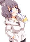  aikawa_ryou alternate_costume alternate_hairstyle black_pants blush bottle brown_hair casual contemporary drinking drinking_straw fate/grand_order fate_(series) grey_hoodie hand_in_pocket highres holding holding_bottle hood hoodie katsushika_hokusai_(fate/grand_order) long_sleeves looking_at_viewer pants purple_eyes simple_background soda_bottle solo white_background 
