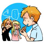  &gt;_&lt; 1girl 2boys alphonse_elric apple_pie bangs black_shirt blonde_hair blue_background blue_shirt blush brothers clenched_hand closed_eyes crying d: dress edward_elric eyebrows_visible_through_hair fingernails food fullmetal_alchemist hand_on_another's_head handkerchief happy_tears looking_at_another multiple_boys open_mouth pink_dress ponytail profile shirou_(vista) shirt short_hair siblings simple_background speech_bubble sweatdrop tears translation_request upper_body white_background winry_rockbell 