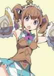  armpits breasts brown_hair commentary dress ixy last_period lisa_(last_period) looking_at_viewer open_mouth purple_eyes sleeveless solo twintails 