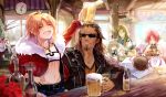  6+boys :d achilles_(fate) alcohol amicis_(amisic) anger_vein astolfo_(fate) bar beer beer_bottle beer_mug blonde_hair breasts brown_hair caules_forvedge_yggdmillennia chiron_(fate) cleavage clock closed_eyes commentary covering_eyes english_commentary facial_hair fate/apocrypha fate_(series) fiore_forvedge_yggdmillennia flower frankenstein's_monster_(fate) fur-trimmed_jacket fur_trim goatee grey_hair hair_ornament hair_over_eyes hair_ribbon hand_on_hip highres horn jack_the_ripper_(fate/apocrypha) jacket karna_(fate) leather leather_jacket mordred_(fate) mordred_(fate)_(all) multiple_boys multiple_girls navel open_clothes open_jacket open_mouth pink_hair red_flower red_jacket red_rose ribbon rose scar scar_across_eye shishigou_kairi short_ponytail small_breasts smile strapless sunglasses table tray tubetop white_hair 
