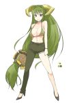  :d asymmetrical_clothes blush bracelet breasts brown_eyes color_guide duramboros full_body green_bikini_top green_hair green_pants high_heels horns jewelry large_breasts legs_apart long_hair looking_at_viewer low-tied_long_hair monster_hunter oota_yuuichi open_mouth pants personification simple_background single_pantsleg smile solo standing very_long_hair white_background 
