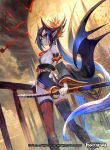  bat black_hair black_sclera blue_hair cloud copyright_name facial_mark force_of_will hair_ornament hair_stick lack long_hair moon multicolored_hair nail_polish night night_sky official_art pale_skin pointy_ears red_eyes reiya_(force_of_will) sky solo sword thighhighs two-tone_hair vampire weapon 