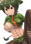  abs animal_ears aurochs_(kemono_friends) bangs black_hair breast_pocket breasts brown_legwear camouflage camouflage_shirt camouflage_skirt closed_mouth collared_shirt covering_nipples crop_top cropped_shirt crotch_seam dutch_angle gradient_hair green_hair green_shirt green_skirt grey_eyes hair_between_eyes hand_on_own_breast hand_on_own_thigh highres horns impossible_clothes impossible_shirt kemono_friends knee_up long_sleeves looking_at_viewer medium_breasts microskirt midriff multicolored_hair navel necktie no_bra okome_kogashi one_breast_out panties panties_under_pantyhose pantyhose parted_bangs pocket red_neckwear shirt shirt_lift short_hair short_over_long_sleeves short_sleeves sidelocks simple_background sitting skirt smile solo spread_legs stomach tail toned tsurime two-tone_hair underwear upper_body white_background wing_collar 