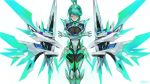  armor badluck bangs bodystocking breasts cleavage closed_eyes commentary covered_navel crossed_arms elbow_gloves gloves green_hair highres large_breasts long_hair pneuma_(xenoblade_2) ponytail shoulder_armor sidelocks smile solo spoilers swept_bangs xenoblade_(series) xenoblade_2 