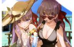  bb_(fate)_(all) bb_(fate/extra_ccc) black_swimsuit blurry breasts casual_one-piece_swimsuit choker cleavage commentary_request day depth_of_field drink drinking_straw dual_persona eyebrows_visible_through_hair fate/extra fate/extra_ccc fate_(series) flower food glint hair_ribbon hat hat_flower hat_ribbon heart heart-shaped_eyewear highres hino_hinako large_breasts looking_at_viewer matou_sakura mouth_hold multiple_girls nail_polish one-piece_swimsuit outdoors parted_lips pocky purple_eyes purple_hair ribbon ribbon_choker sun_hat sunglasses swimsuit 