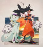  :d black_eyes black_hair boots dougi dragon_ball dragon_ball_(object) dragon_ball_super dragon_ball_z expressionless flying frieza frown full_body hand_on_hip happy height_difference leaning_forward looking_at_another monochrome multiple_boys open_mouth red_eyes shaded_face shadow short_hair simple_background smile son_gokuu spiked_hair standing suzuka_g sweatdrop tail white_background wristband zen'ou_(dragon_ball) 