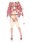  :d bare_shoulders bikini blue_eyes blush bow bracelet breasts choker color_guide commentary_request contrapposto drill_hair full_body hair_bow hand_up highleg highleg_bikini jewelry looking_at_viewer medium_breasts micro_bikini monster_hunter navel necklace oota_yuuichi open_mouth personification pink_choker pink_hair purple_ludroth ring sandals simple_background smile solo standing swimsuit white_background 