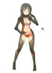  :q ass_visible_through_thighs bodysuit breasts color_guide contrapposto deviljho full_body grey_hair hand_up medium_breasts monster_hunter navel oota_yuuichi orange_eyes panties personification red_panties short_hair simple_background smile solo standing tongue tongue_out tooth_necklace underwear white_background 
