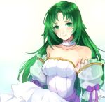  bare_shoulders breasts bride cecilia_(fire_emblem) cleavage commentary_request dress elbow_gloves fire_emblem fire_emblem:_fuuin_no_tsurugi gloves green_eyes green_hair jurge long_hair simple_background smile solo strapless strapless_dress upper_body wedding_dress white_dress 