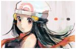  :o bare_shoulders blue_hair blush border dark_blue_hair eyelashes hair_ornament hat hikari_(pokemon) long_hair looking_at_viewer open_mouth pink_eyes pokemon pokemon_(game) pokemon_dppt red_scarf ririmon scarf solo straight_hair teeth twitter_username upper_body white_border white_hat 