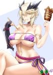  arm_guards armlet artoria_pendragon_(all) artoria_pendragon_(lancer_alter) bangs beads bikini black_gloves blonde_hair braid breasts choker chopsticks cleavage collarbone commentary_request cosplay crossed_legs eating elbow_gloves eyelashes eyepatch_bikini fate/grand_order fate_(series) fingerless_gloves french_braid gloves hair_between_eyes highres horns large_breasts long_hair looking_at_viewer minamoto_no_raikou_(fate/grand_order) minamoto_no_raikou_(swimsuit_lancer)_(fate) minamoto_no_raikou_(swimsuit_lancer)_(fate)_(cosplay) navel okitakung purple_bikini rope side-tie_bikini sidelocks simple_background single_glove skewer solo squid swimsuit thighs white_background yellow_eyes 
