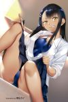  artist_name ass bare_legs blue_skirt blush breasts cameltoe dark_skin dress_shirt ear_piercing evil_grin evil_smile eyebrows_visible_through_hair fang fingernails grin hair_ornament hairclip half-closed_eye highres ijiranaide_nagatoro-san lifted_by_self light long_hair looking_at_viewer nagatoro non-web_source one-piece_swimsuit open_clothes piercing school_swimsuit school_uniform shirt sitting skirt skirt_lift sleeves_rolled_up small_breasts smile smirk solo swimsuit swimsuit_under_clothes tomohiro_kai unbuttoned unbuttoned_shirt white_shirt wing_collar yellow_eyes 