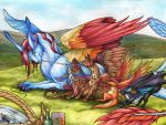  2018 blue_feathers day digital_media_(artwork) dragon feathered_dragon feathers feral fur furred_dragon group membranous_wings natoli outside red_feathers sky traditional_media_(artwork) wings 