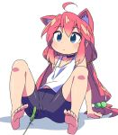  ahoge animal_ear_fluff animal_ears arm_support barefoot bike_shorts blue_eyes cat_ears cat_teaser choker commentary_request feet hair_bobbles hair_ornament highres hinata_channel leaning_back long_hair low_twintails navel nekomiya_hinata pink_hair reclining roku_no_hito shorts sitting soles solo spread_legs toes twintails vest white_vest 