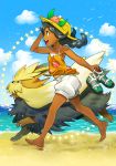  animal bare_arms bare_legs bare_shoulders barefoot beach black_hair blue_eyes blue_sky braid breasts cloud dark_skin day dog eudetenis floral_print flower from_side full_body fur gen_5_pokemon hand_on_headwear hand_up hat hat_flower highres holding holding_shoes long_hair looking_afar medium_breasts midriff_peek mizuki_(pokemon) navel ocean open_mouth orange_camisole outdoors outstretched_arm pokemon pokemon_(creature) pokemon_(game) pokemon_usum puffy_shorts running sand shoes shoes_removed shorts sky smile star stomach stoutland straw_hat tan tanline toes twin_braids upper_teeth water white_shorts 