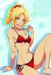  :d bikini bikini_pull blonde_hair breasts character_name cleavage fate/grand_order fate_(series) front-tie_bikini front-tie_top green_eyes hair_ornament hair_scrunchie haruka_(yakitoritabetai) head_tilt highres mordred_(fate)_(all) mordred_(swimsuit_rider)_(fate) navel open_mouth red_bikini red_scrunchie scrunchie short_hair short_ponytail side-tie_bikini sitting small_breasts smile solo spiked_hair swimsuit tan tanline 
