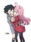  1boy 1girl bangs black_hair black_legwear blue_eyes blush couple darling_in_the_franxx eyebrows_visible_through_hair findoworld fingernails fringe green_eyes hair_ornament hairband hand_holding heart hetero hiro_(darling_in_the_franxx) horns long_hair long_sleeves looking_at_another military military_uniform necktie oni_horns orange_neckwear pantyhose pink_hair red_horns red_neckwear short_hair signature uniform white_hairband zero_two_(darling_in_the_franxx) 