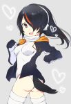  ass bangs black_hair black_jacket boots breasts brown_eyes drawstring emperor_penguin_(kemono_friends) from_side gedou_(ge_ge_gedou) grey_background hair_over_one_eye headphones heart highleg highleg_leotard hood hoodie jacket kemono_friends leotard long_hair long_sleeves looking_at_viewer medium_breasts multicolored_hair open_clothes open_hoodie open_jacket open_mouth smile solo standing streaked_hair thigh_boots thighhighs white_footwear white_legwear white_leotard 
