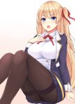  :o azur_lane black_legwear blonde_hair blue_eyes blue_skirt bow bowtie breasts furrowed_eyebrows gradient gradient_background hair_bow hand_on_own_chest highres large_breasts long_hair looking_at_viewer open_mouth pantyhose pink_background red_bow side_ponytail simple_background sitting skirt sogaya solo sussex_(azur_lane) thighband_pantyhose thighs white_background 