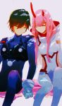  1boy 1girl asymmetrical_horns bangs black_bodysuit black_hair bodysuit bread breasts couple darling_in_the_franxx eyes_closed fringe hand_holding hetero hiro_(darling_in_the_franxx) horns long_hair medium_breasts oni_horns pilot_suit pink_hair red_horns samihada short_hair sitting white_bodysuit zero_two_(darling_in_the_franxx) 