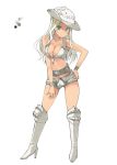  bare_shoulders belt blonde_hair blush boots breasts closed_mouth color_guide contrapposto cowboy_hat crop_top full_body green_eyes grey_footwear hat high_heel_boots high_heels knee_boots large_breasts long_hair looking_at_viewer monster_hunter navel oota_yuuichi personification simple_background smile solo standing ukanlos white_background white_hat wristband 