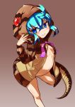  a-tuy blue_eyes blue_hair bottomless breasts grin hood hoodie kemono_friends naked_hoodie open_clothes small_breasts tail tsuchinoko_(kemono_friends) 