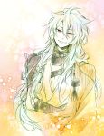  bad_id bad_pixiv_id bow hair_bow hair_flaps jacket kogitsunemaru long_hair long_sleeves looking_at_viewer male_focus noeru_(putty) partially_colored pink_background red_eyes smile solo spot_color touken_ranbu white_hair yellow_background 
