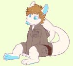  2017 anthro blue_eyes clothing fish fur hair jeanx lucky_(jeanx) male marine shark short_hair sitting solo tongue tongue_out watermark white_fur 
